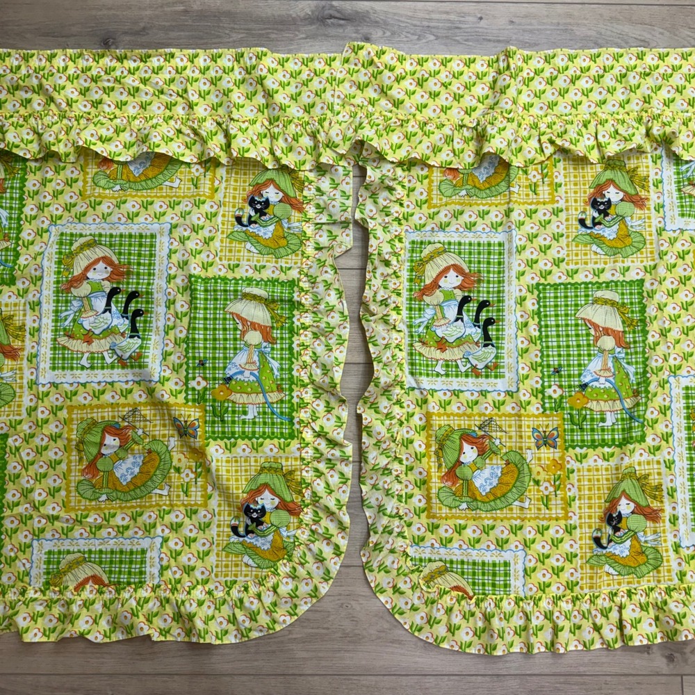 70s Vintage Sears Ruffled Curtains Green Yellow Kitsch Retro 91x45 Cottagecore